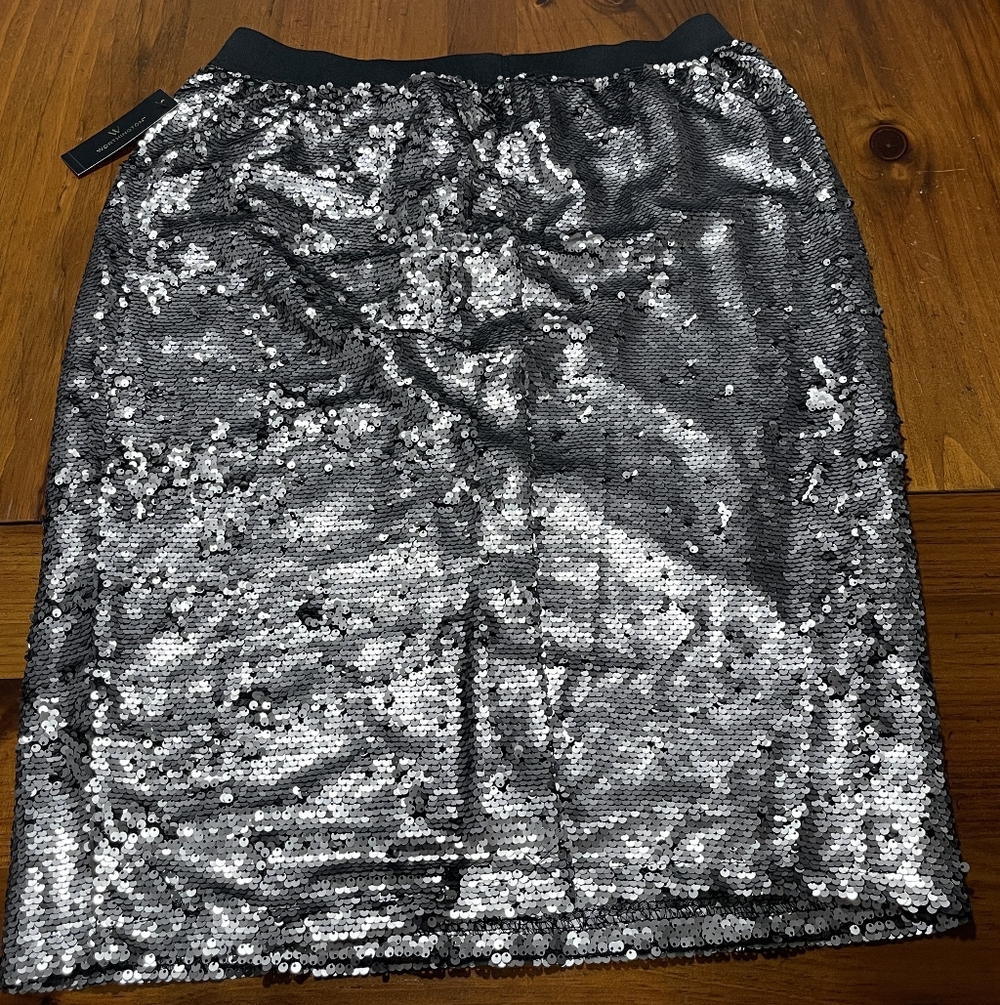 Nwt Worthington Womens Grey Silver Black Metallic Sequin Pull On Midi Skirt L - Picture 2 of 4